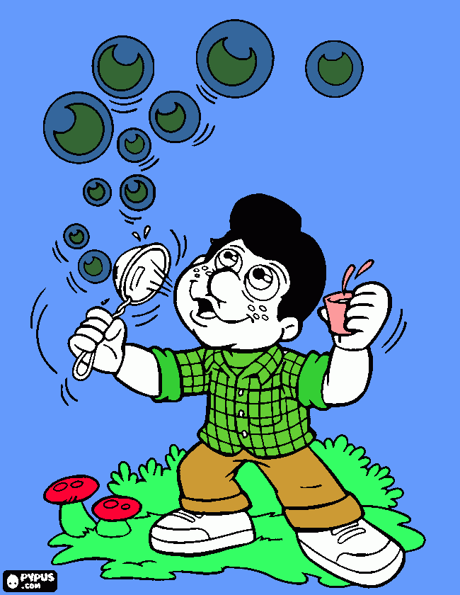 e um menino fazendo bolinha de sabão  para colorir e imprimir
