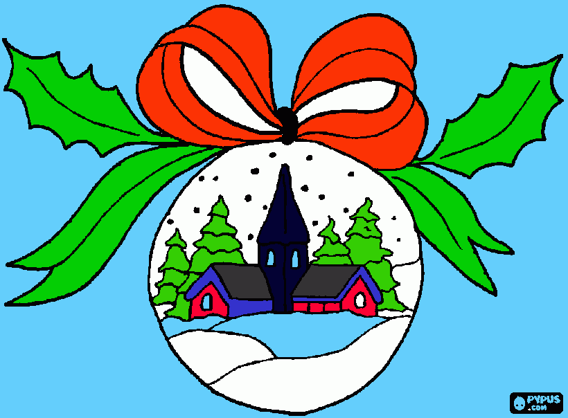 e uma bola que  tem duas casinha demtro dela e ela tem um topi vermelho e folhas verdes e neve caimdo no ceu para colorir e imprimir