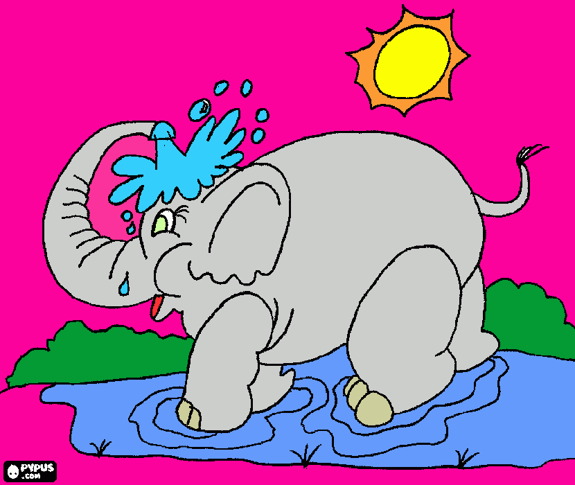 elefante tomando banho para colorir e imprimir