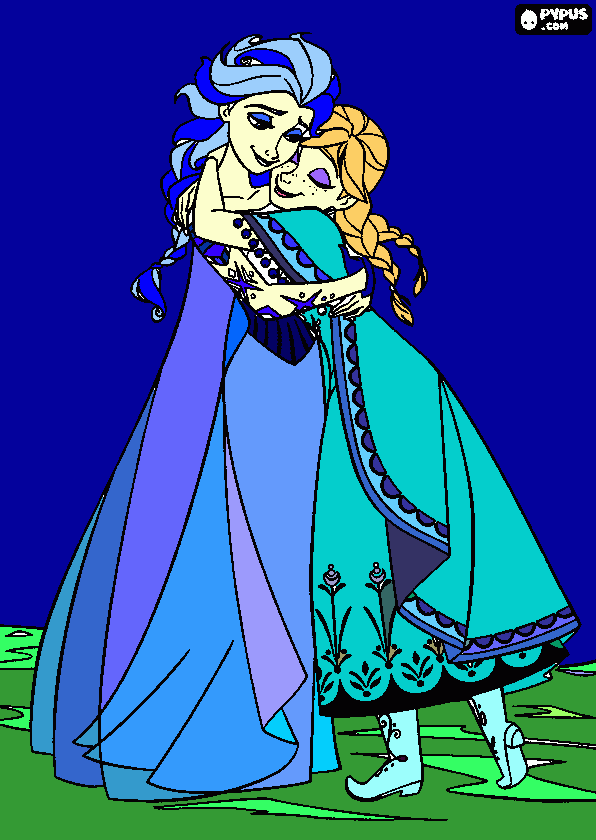 elsa e ana se abraçando para colorir e imprimir
