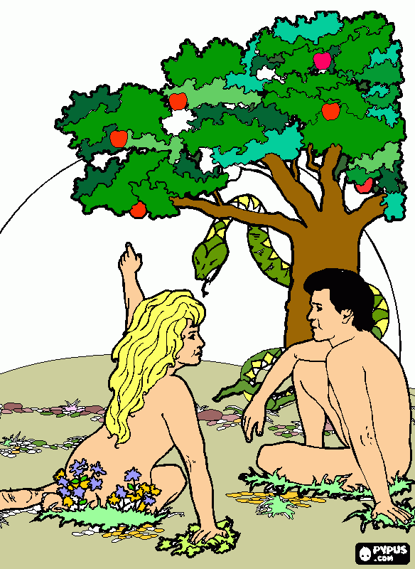 Eva sendo tentado pela serpente para colorir e imprimir