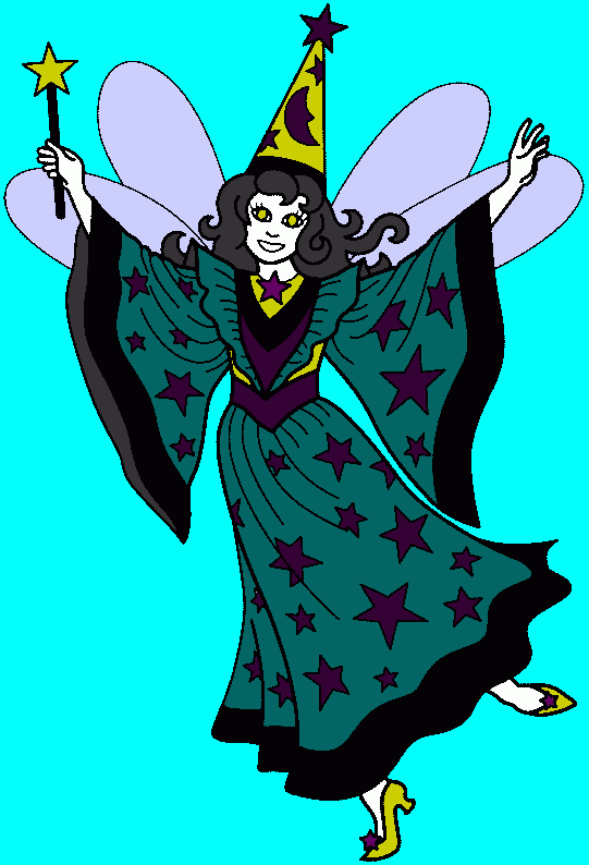 Fada com um vestido e um chapéu cheios de estrelas para colorir e imprimir