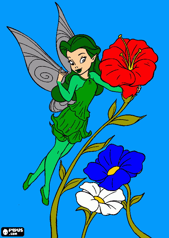  fada com uma orquidia vermelha e uma margaria  e uma flor azul... para colorir e imprimir