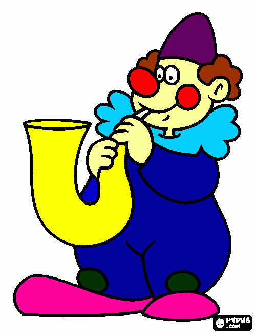 fato azul ,nariz vermelho, chapéu roxo,cabelo castanho, sapatos rosas e verdes, xilofone amarelo,pele clara. para colorir e imprimir