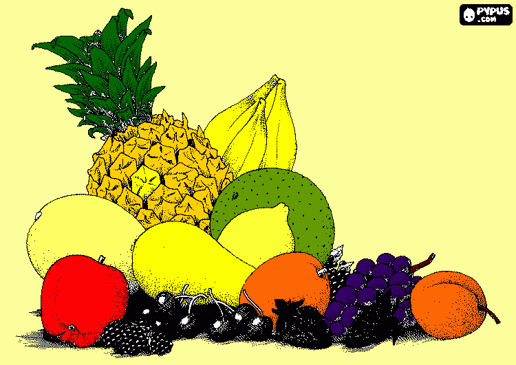fruta variadas:abacaxi banana melão maca pera limão uvas cerejas morangos pessego e franbosas para colorir e imprimir