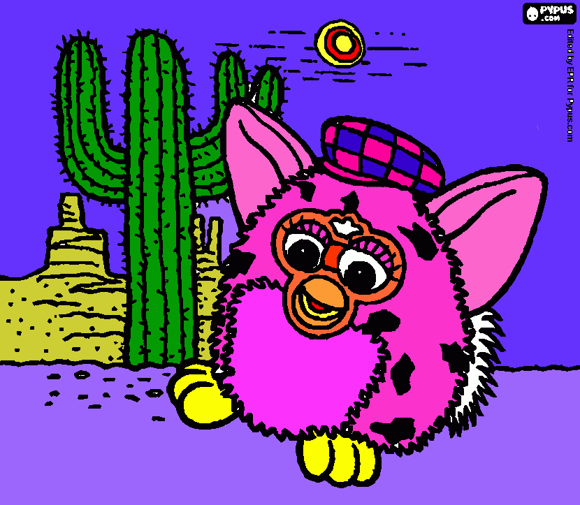 Furby no deserto passeando nas ferias de verão para colorir e imprimir