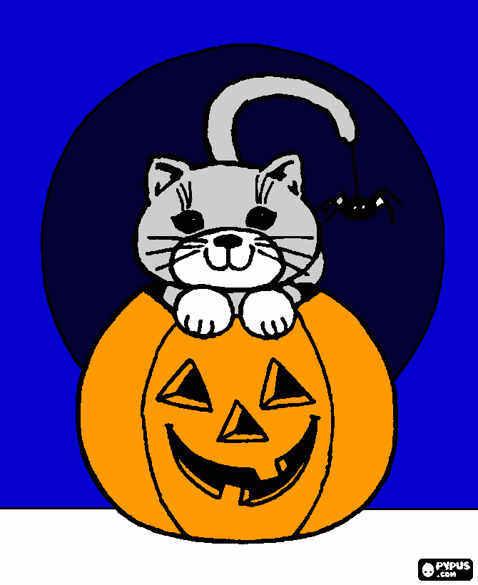 gato com a cabça pra fora da abobora para colorir e imprimir