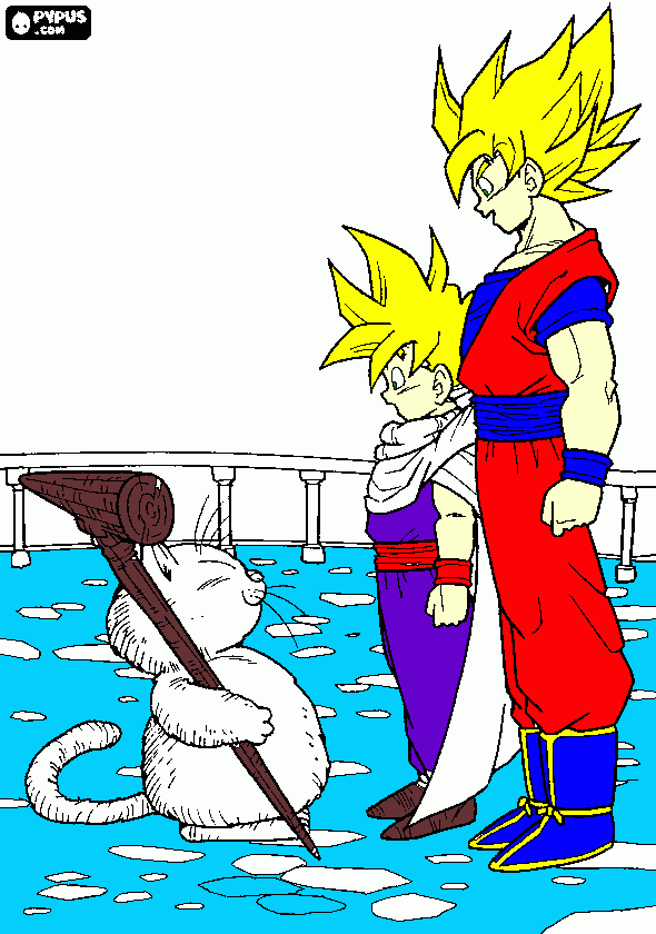 goku e seu filho gohan e o  mestre  de artes maciais karin para colorir e imprimir