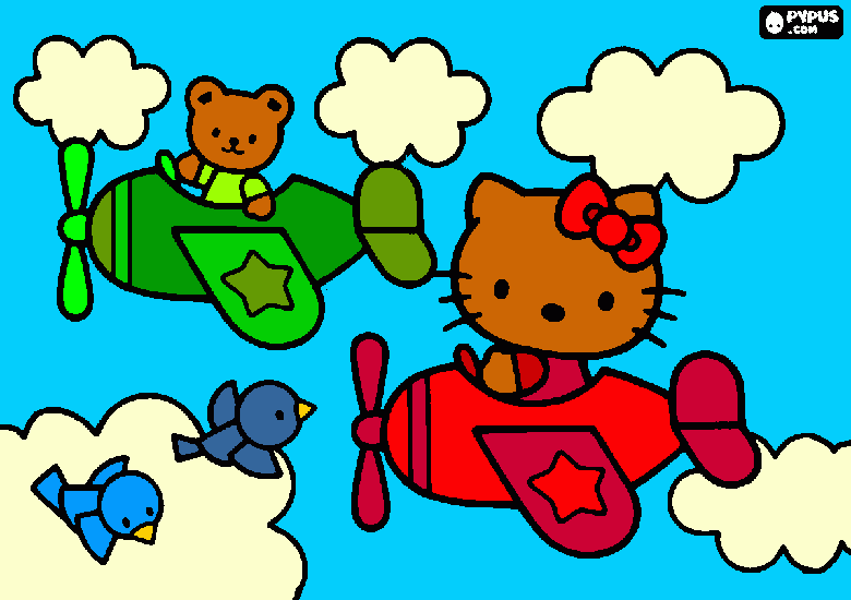 hello kitty e seu ursinho de pelúcia voando em aviões. para colorir e imprimir