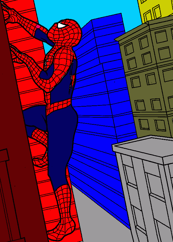 Homem Aranha escalando um edifício muito grande e alto para colorir e imprimir