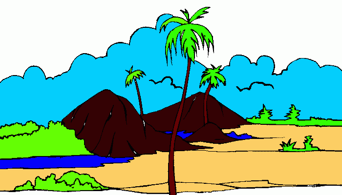 ilha tropical com palmeiras e montanhas no fundo nuvens para colorir e imprimir