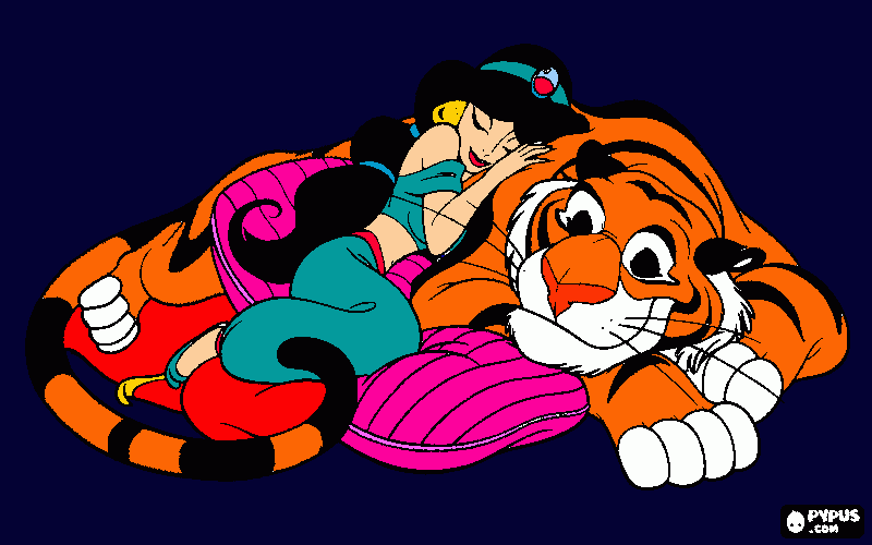 Jasmine e o Tigre dormindo para colorir e imprimir