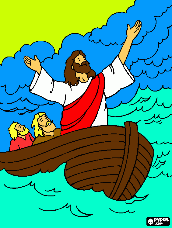 jesus, acalma o mar com o poder de Deus para colorir e imprimir