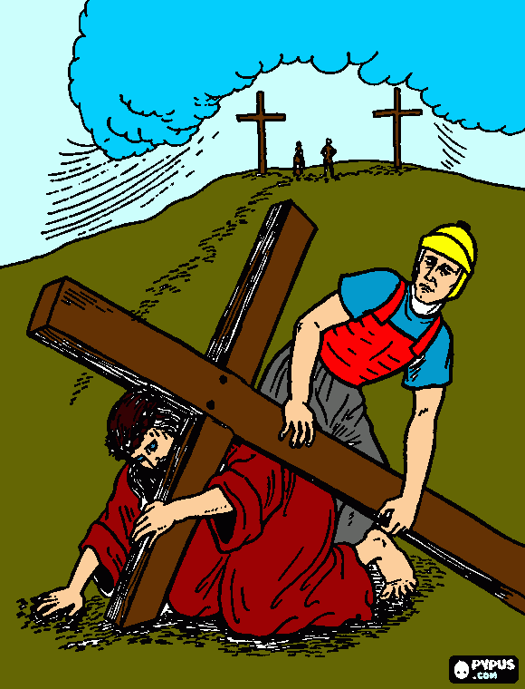 jesus carregando a cruz ate o gogota para colorir e imprimir