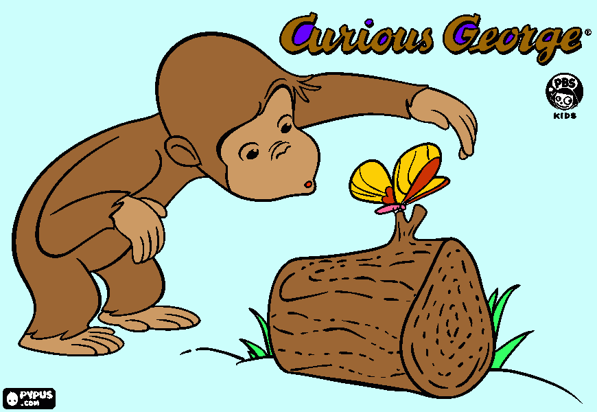 jorge o curioso observando uma borboleta no tronco de uma arvore para colorir e imprimir