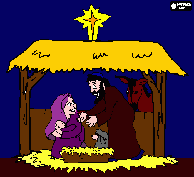 José,Maria e o Menino Jesus no estábulo para colorir e imprimir