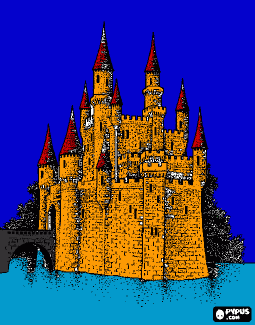 Lindo castelo rodeado por água para colorir e imprimir
