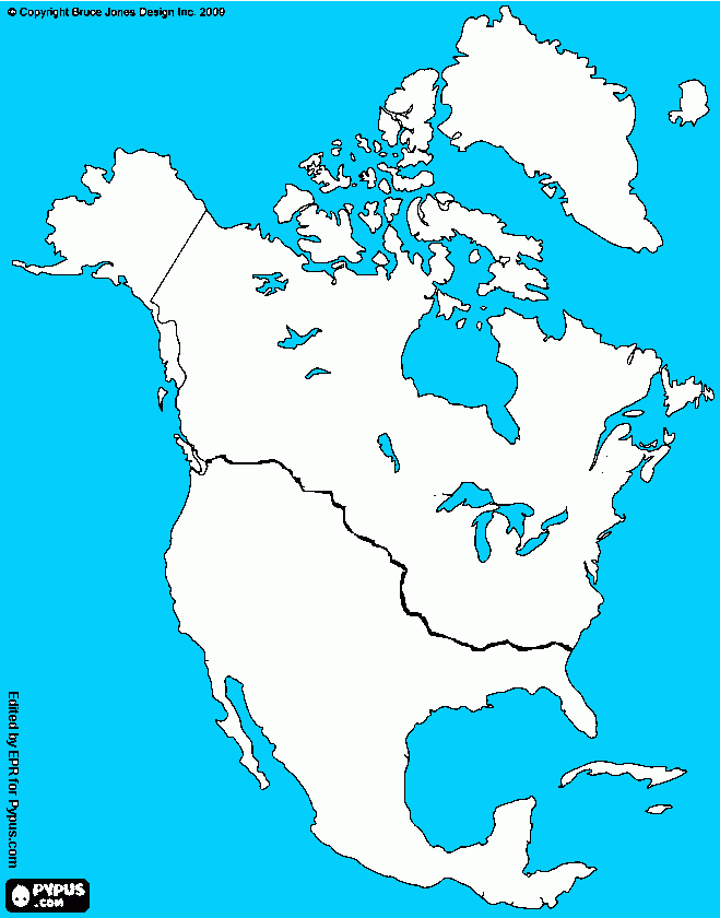 Mapa alternativo da America do Norte dividida entre França, Espanha e Rússia para colorir e imprimir