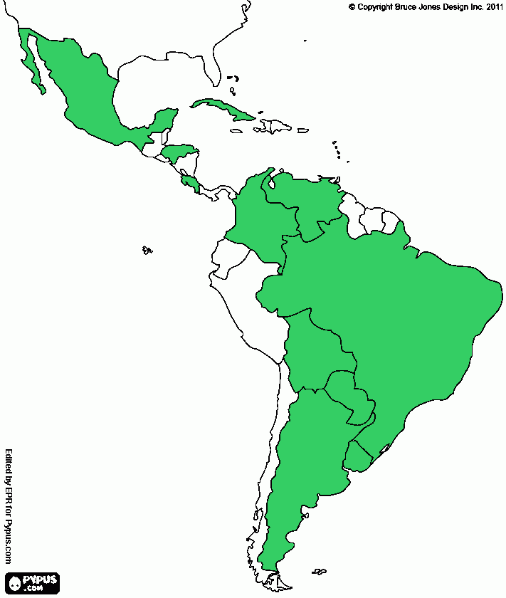 Mapa america Latina - Distribuição Geográfica Casearia Sylvestris para colorir e imprimir