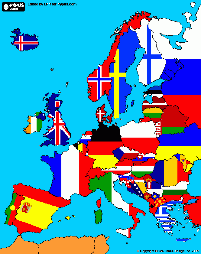 Mapa da Europa com bandeiras para colorir e imprimir