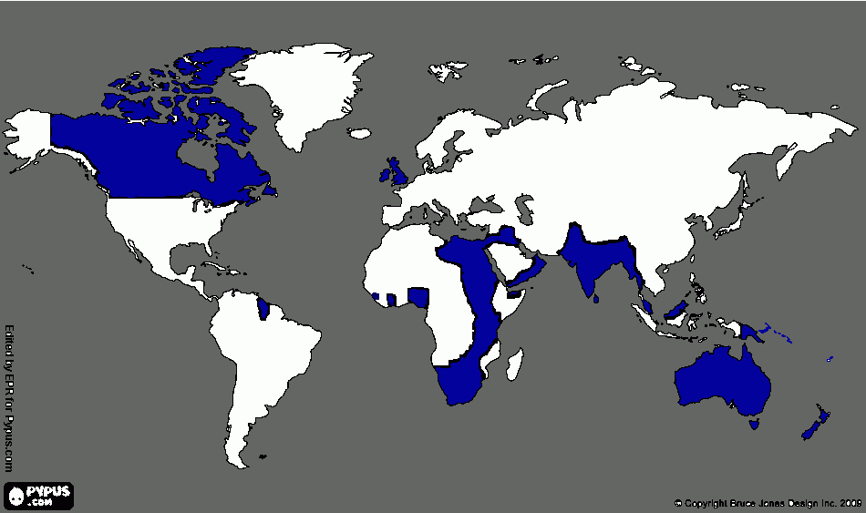 Mapa do tamanho do Império Britânico comparado ao mundo! para colorir e imprimir