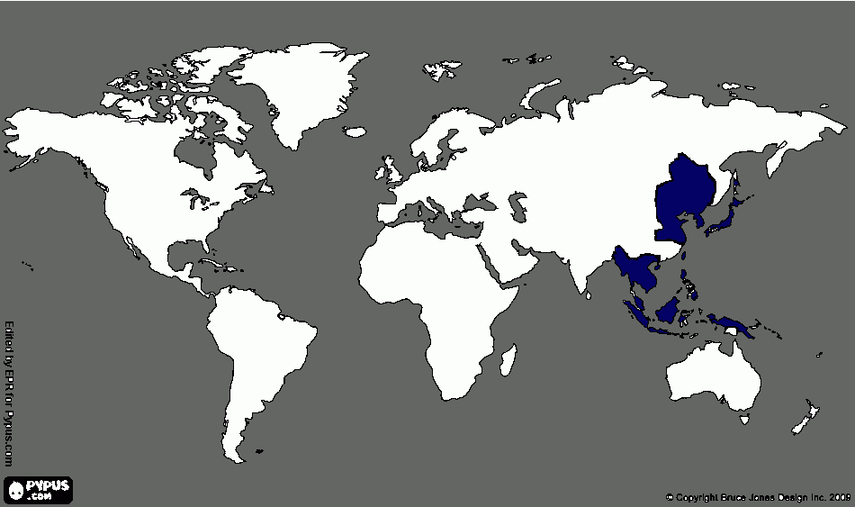 Mapa do tamanho do Império do Japão comparado ao mundo! para colorir e imprimir