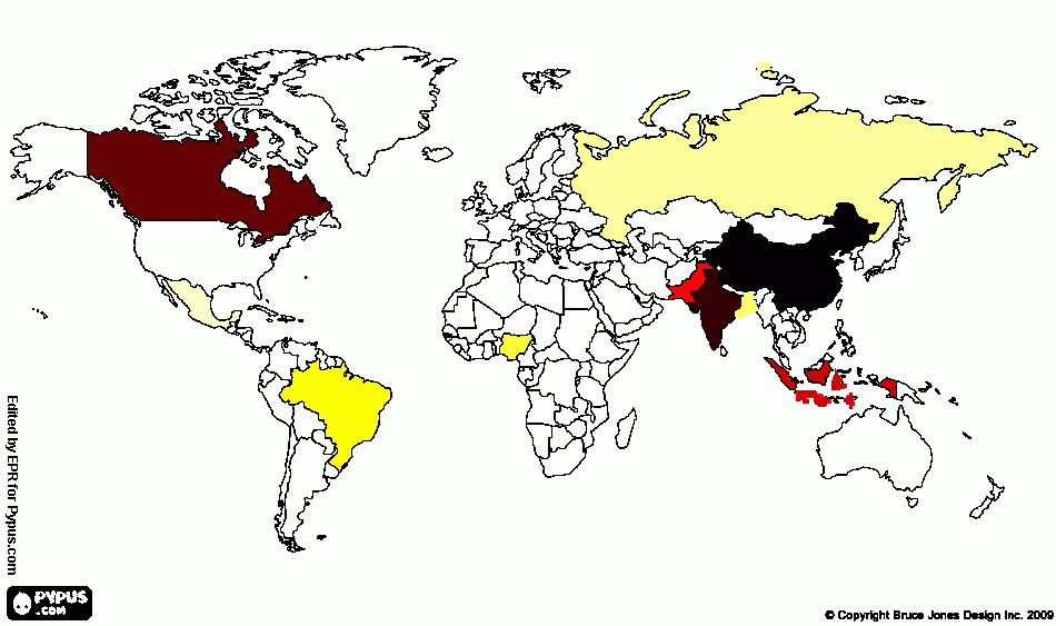 mapa dos paises mais populosos do mundo  para colorir e imprimir