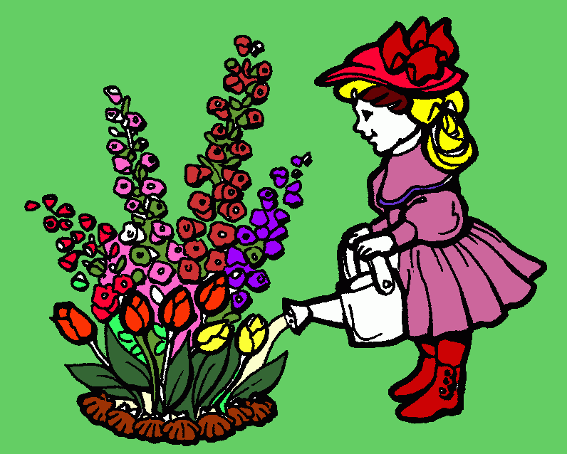 menina com chapeu  regrando as flores para colorir e imprimir
