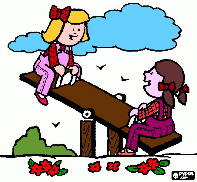 meninas brincando de gangorra para colorir e imprimir
