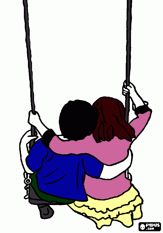 menino e menina se abraçando de costas no balanço para colorir e imprimir