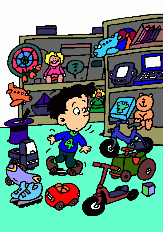 menino feliz na loja de brinquedos para colorir e imprimir