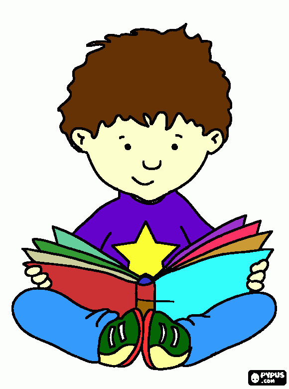 menino sentado elndo livro para colorir e imprimir