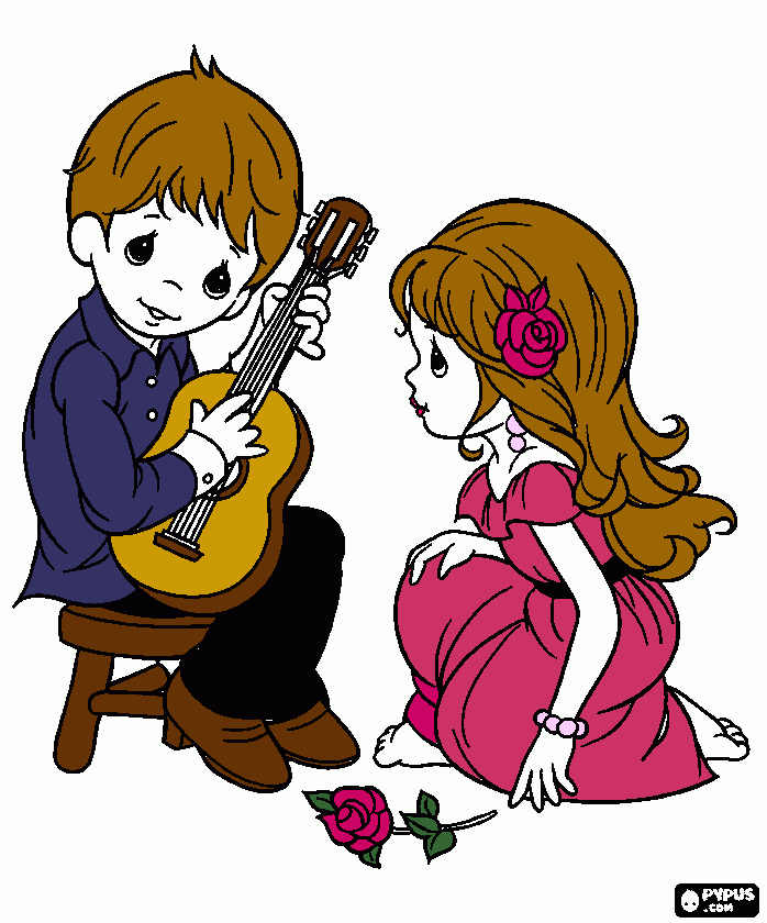 menino tocando violão para menina para colorir e imprimir