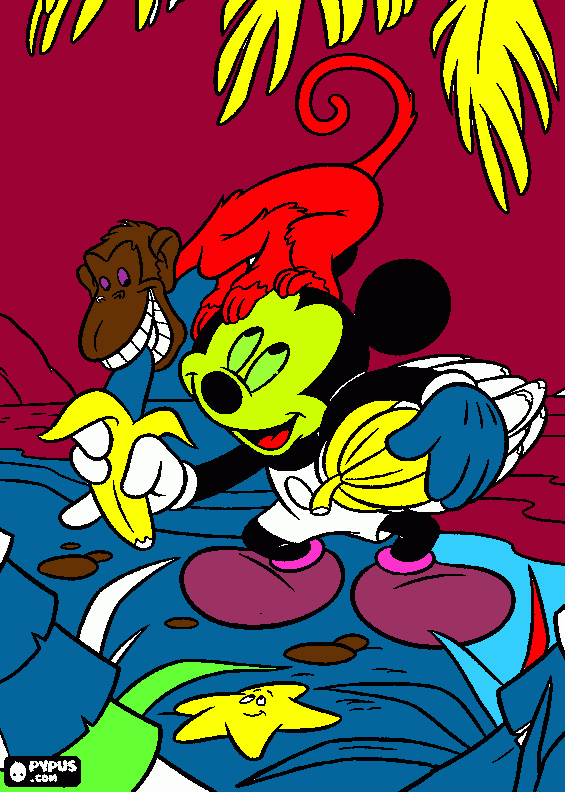 Mickey e Macacos brincando e comendo banana para colorir e imprimir