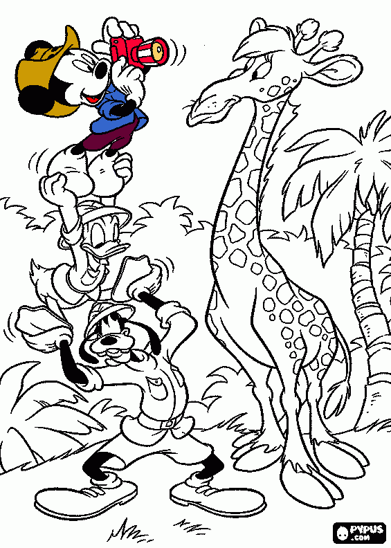 Mickey tiranmdo uma fotografia da girafa para colorir e imprimir