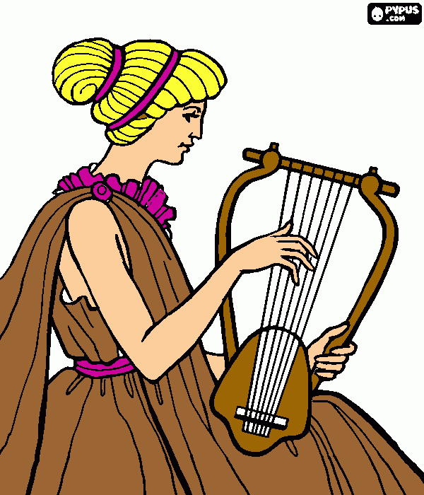 mulher tocando lira na antiguidade para colorir e imprimir