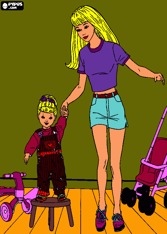 Mãe barbie jogando com sua filinha para colorir e imprimir