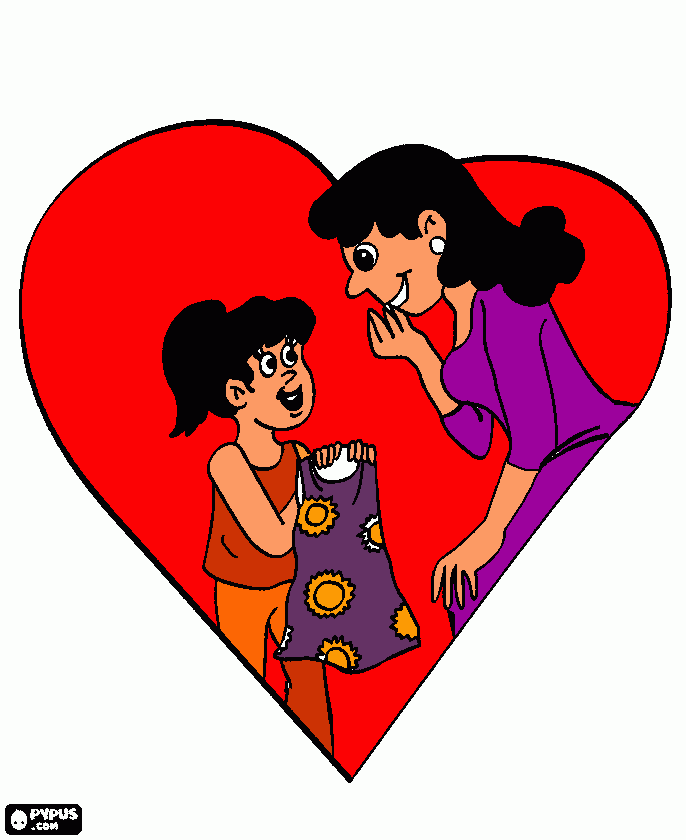 Mãe e filha, um presente e um coração para colorir e imprimir