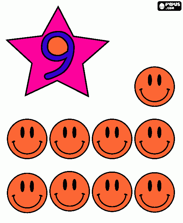 numero 9 com carinha feliz para colorir e imprimir