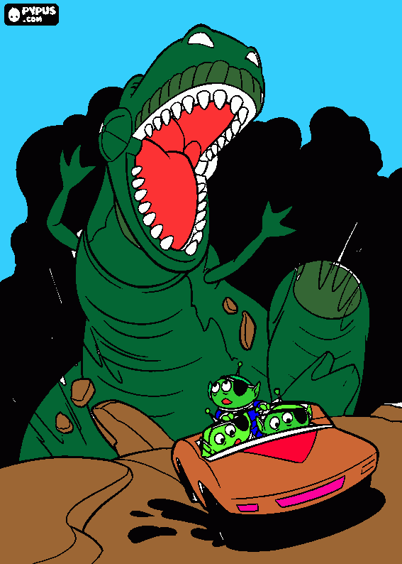 o dinossauro rex    e os 3  alieniginas. para colorir e imprimir