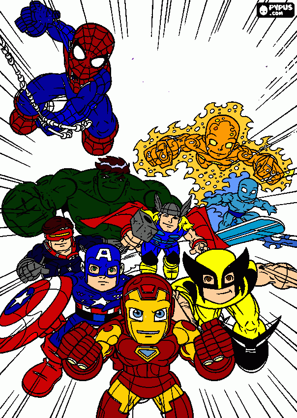 O meu desenho é baseado em marvel , com herós super da hora eu pintei praticamente igual , mas não sei se vai gostar. Eu demorei horas para pintar esses personagens do marvel ... gosto muito de desenhos e filmes de herós e marvel é um deles ... Obg :) para colorir e imprimir