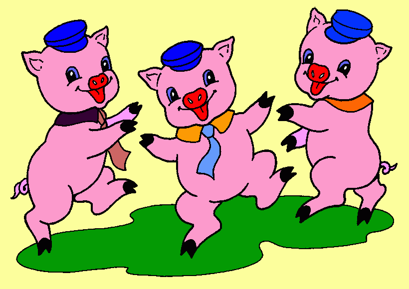 oa três porquinhos felizese comemorando não tem medo do lobo mau grande para colorir e imprimir