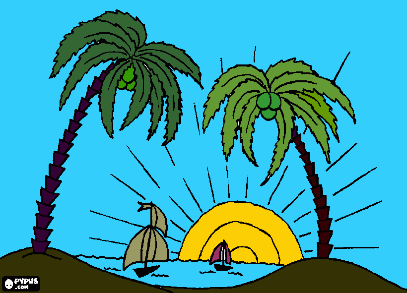 PAISAGEM DA PRAIA E DO MAR, COM PALMEIRAS , VELEIROS E SOL para colorir e imprimir