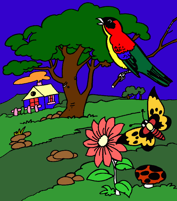 paisagem de primavera com uma casa arvore e passaro cantanp para colorir e imprimir