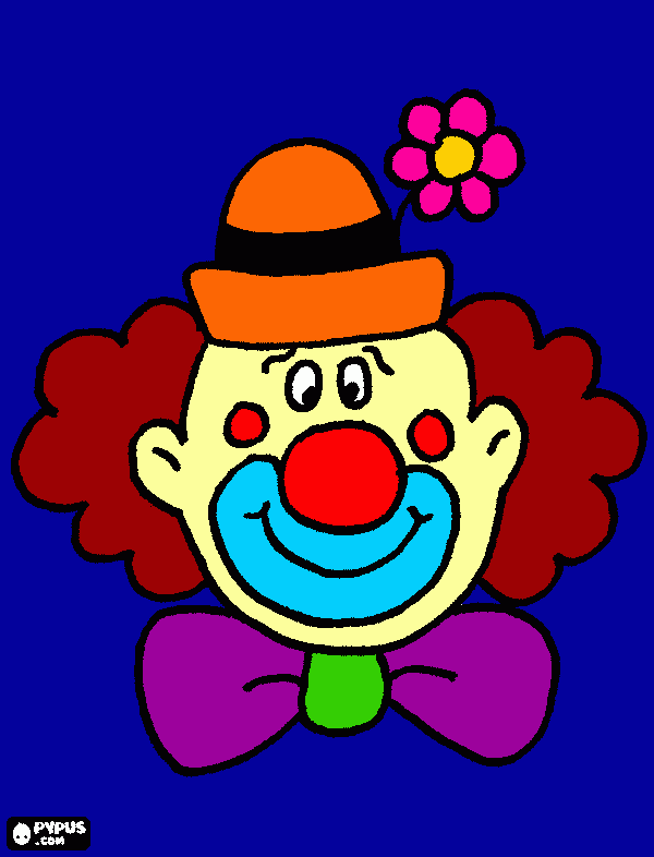palhaço com chapeu laranja e preto com uma flor rosa e no meio é amarelo,cabelo castanho,boca azul,lançarote roxo e verde,pele clara para colorir e imprimir