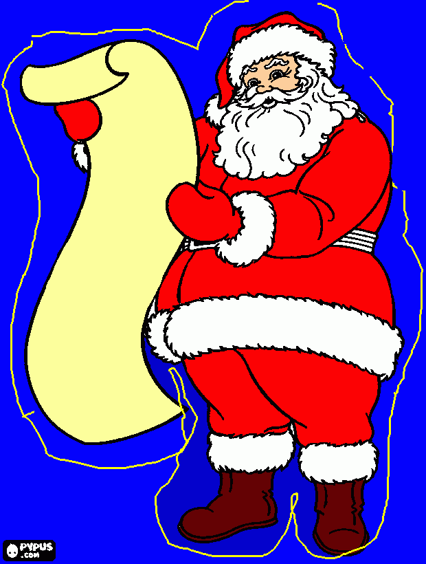 papai noel lendo a lista de brinquedos para colorir e imprimir