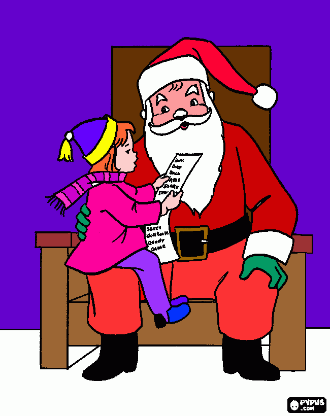 papai noel sentado com menina em seu colo para colorir e imprimir