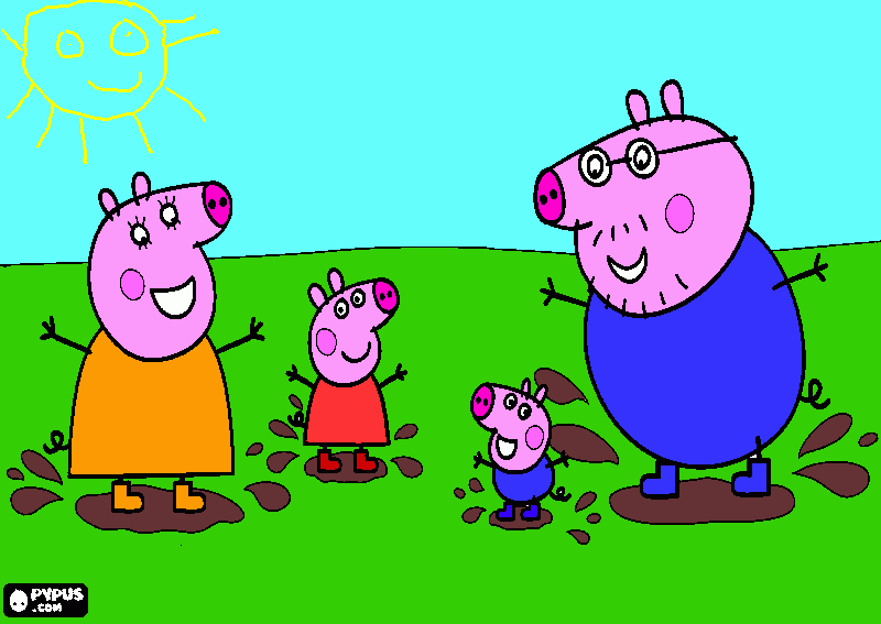 peppa a brincar nas pocas de lama com o seu irmao jorge o papa porquinho e a mama porquinha para colorir e imprimir