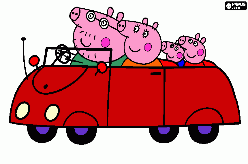 peppa e sua familia no carro. para colorir e imprimir