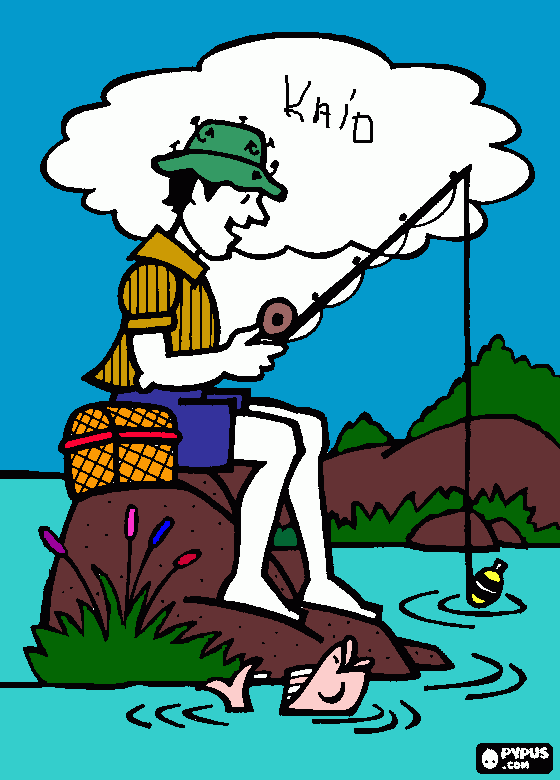 pescador sentado sobre uma rocha para colorir e imprimir